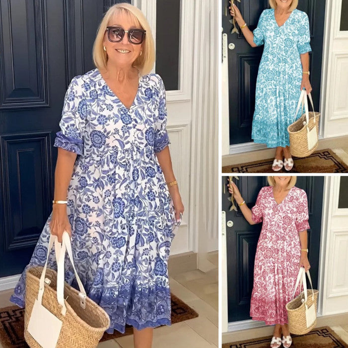 💃【S-3XL】2025 nuevo vestido largo floral elegante con cuello en V