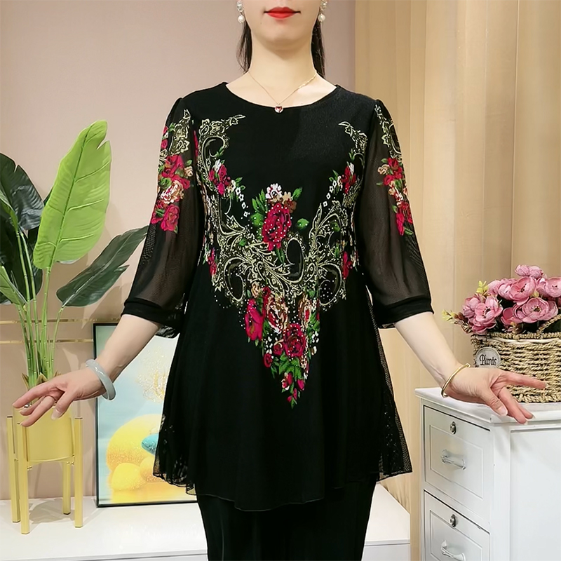 【L-5XL】Camisa de gasa con flores bordadas a la moda 2024 para mujer