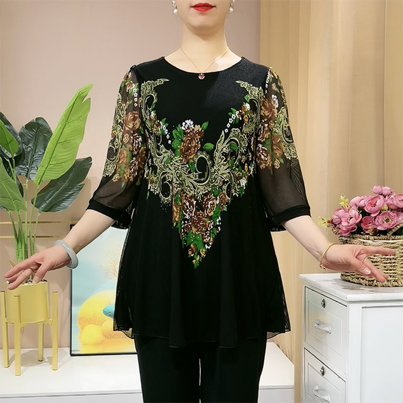 【L-5XL】Camisa de gasa con flores bordadas a la moda 2024 para mujer