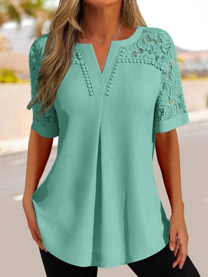 😍【40-100 kg】 2025 Primavera y verano Nueva camiseta de encaje de manga corta para mujer