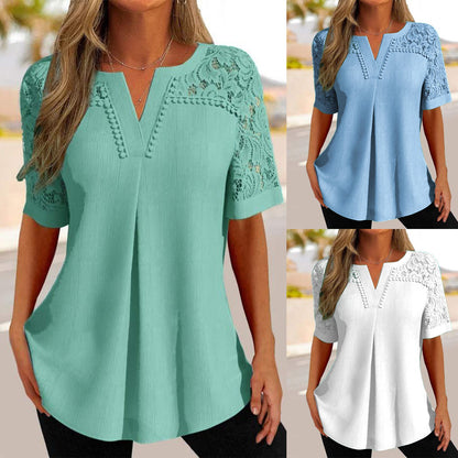 😍【40-100 kg】 2025 Primavera y verano Nueva camiseta de encaje de manga corta para mujer