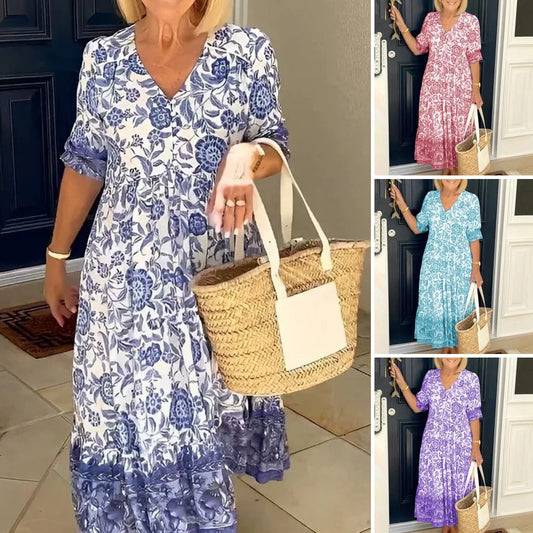 💃【S-3XL】2025 nuevo vestido largo floral elegante con cuello en V