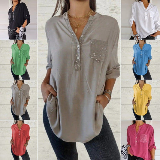😍【S-5XL】 2025 nueva camisa casual de color sólido con cuello en V